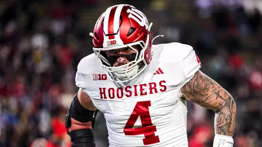 WEST LAFAYETTE, IN - November 28, 2025 - linebacker Aiden Fisher #4 of the Indiana Hoosiers during the game between the Purdue Boilermakers and the Indiana Hoosiers at Ross-Ade Stadium in West Lafayette, IN. Photo By Grace Urbanski/Indiana Athletics