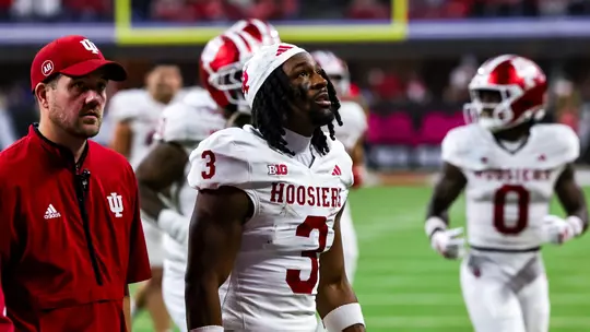 INDIANAPOLIS, IN - December 06, 2025 - wide receiver Omar Cooper Jr. #3 of the Indiana Hoosiers during the game between the Ohio State Buckeyes and the Indiana Hoosiers at Lucas Oil Stadium in Indianapolis, IN. Photo By Luke Miller/Indiana Athletics