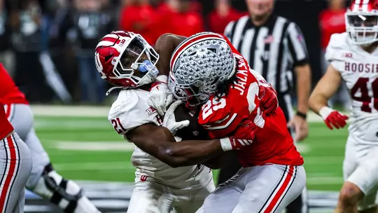 INDIANAPOLIS, IN - December 06, 2025 - linebacker Rolijah Hardy #21 of the Indiana Hoosiers during the game between the Ohio State Buckeyes and the Indiana Hoosiers at Lucas Oil Stadium in Indianapolis, IN. Photo By Luke Miller/Indiana Athletics