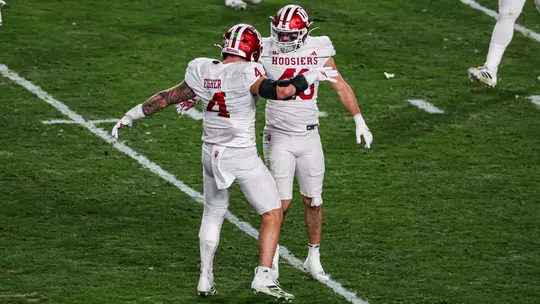WEST LAFAYETTE, IN - November 28, 2025 - linebacker Aiden Fisher #4 of the Indiana Hoosiers and linebacker Isaiah Jones #46 of the Indiana Hoosiers during the game between the Purdue Boilermakers and the Indiana Hoosiers at Ross–Ade Stadium in West Lafayette, IN. Photo By Luke Miller/Indiana Athletics