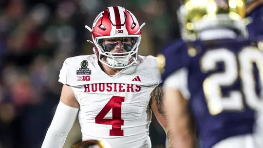 NOTRE DAME, IN - December 20, 2024 - linebacker Aiden Fisher #4 of the Indiana Hoosiers during the game between the Notre Dame Fighting Irish and the Indiana Hoosiers at Notre Dame Stadium in Notre Dame, Indiana. Photo By Trent Barnhart/Indiana Athletics
