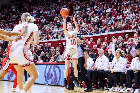 BLOOMINGTON, IN - February 20, 2025 - guard Shay Ciezki #10 of the Indiana Hoosiers during the game between the Ohio State Buckeyes and the Indiana Hoosiers at Simon Skjodt Assembly Hall in Bloomington, IN. Photo By Indiana Athletics