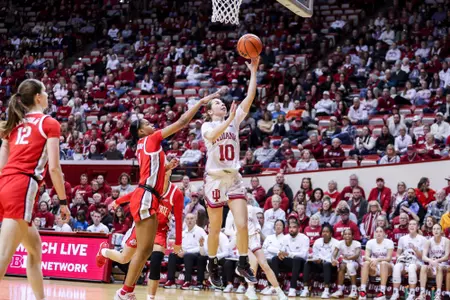 BLOOMINGTON, IN - February 20, 2025 - guard Shay Ciezki #10 of the Indiana Hoosiers during the game between the Ohio State Buckeyes and the Indiana Hoosiers at Simon Skjodt Assembly Hall in Bloomington, IN. Photo By Indiana Athletics