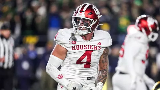 NOTRE DAME, IN - December 20, 2024 - line backer Aiden Fisher #4 of the Indiana Hoosiers during the game between the Notre Dame Fighting Irish and the Indiana Hoosiers at Notre Dame Stadium in Notre Dame, IN. Photo By Dani Meersman/Indiana Athletics