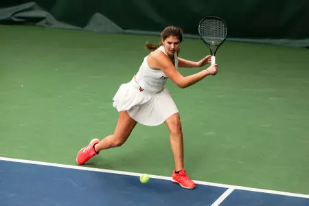BLOOMINGTON, IN - February 21, 2025 - Nicole Teodosescu of the Indiana Hoosiers during the meet between the Western Michigan Broncos and the Indiana Hoosiers at IU Tennis Center in Bloomington, IN. Photo By Cooper Shannon/Indiana Athletics