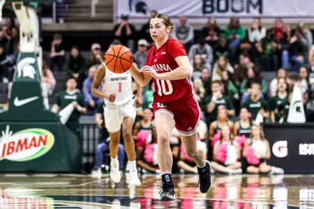 EAST LANSING, MI - February 23, 2025 - guard Shay Ciezki #10 of the Indiana Hoosiers during the game between the Michigan State Spartans and the Indiana Hoosiers at Breslin Center in East Lansing, MI. Photo By Kaitlyn Grifonetti/Indiana Athletics