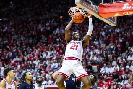 BLOOMINGTON, IN - February 26, 2025 - forward Mackenzie Mgbako #21 of the Indiana Hoosiers during the game between the Penn State Nittany Lions and the Indiana Hoosiers at Simon Skjodt Assembly Hall in Bloomington, IN. Photo By \DRM#2\