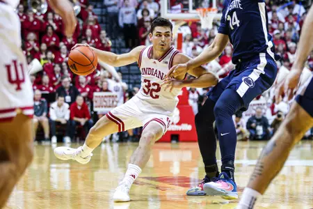 BLOOMINGTON, IN - February 26, 2025 - guard Trey Galloway #32 of the Indiana Hoosiers during the game between the Penn State Nittany Lions and the Indiana Hoosiers at Simon Skjodt Assembly Hall in Bloomington, IN. Photo By \DRM#2\