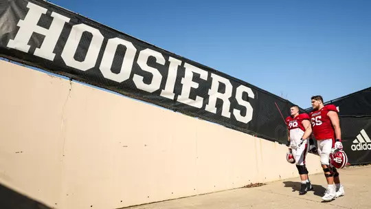 BLOOMINGTON, IN - April 10, 2025 - offensive lineman Pat Coogan #78 of the Indiana Hoosiers and offensive lineman Carter Smith #65 of the Indiana Hoosiersduring practice at Mellencamp Field in Bloomington, IN. Photo By Dani Meersman/Indiana Athletics