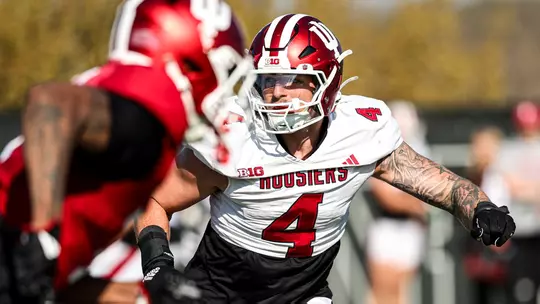 BLOOMINGTON, IN - April 10, 2025 - linebacker Aiden Fisher #4 of the Indiana Hoosiers during practice at Mellencamp Field in Bloomington, IN. Photo By Dani Meersman/Indiana Athletics