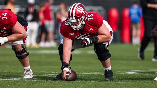 BLOOMINGTON, IN - March 29, 2025 - offensive lineman Pat Coogan #78 of the Indiana Hoosiers during practice at Memorial Stadium in Bloomington, IN. Photo By Dani Meersman/Indiana Athletics