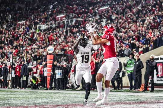BLOOMINGTON, IN - November 30, 2024 - wide receiver Elijah Sarratt #13 of the Indiana Hoosiers during the game between the Purdue Boilermakers and the Indiana Hoosiers at Memorial Stadium in Bloomington, Indiana. Photo By Trent Barnhart/Indiana Athletics