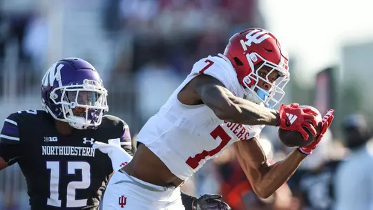 EVANSTON, Ill - October 05, 2024 - wide receiver E.J. Williams #7 of the Indiana Hoosiers during the game between the Indiana Hoosiers and the Northwestern Wildcats at Northwestern Medicine Field at Martin Stadium in Evanston, Illinois. Photo By Trent Barnhart/Indiana Athletics