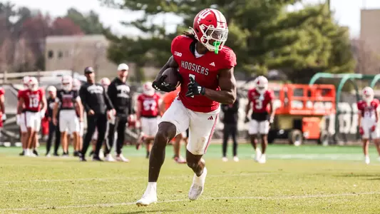 BLOOMINGTON, IN - March 27, 2025 - running back Roman Hemby #1 of the Indiana Hoosiers during the practice at Memorial Stadium in Bloomington, IN. Photo By Grace Urbanski/Indiana Athletics