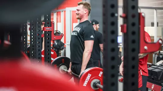 BLOOMINGTON, IN - February 10, 2025 - punter Mitch McCarthy #44 of the Indiana Hoosiers during lift at Memorial Stadium in Bloomington, IN. Photo By Luke Miller/Indiana Athletics