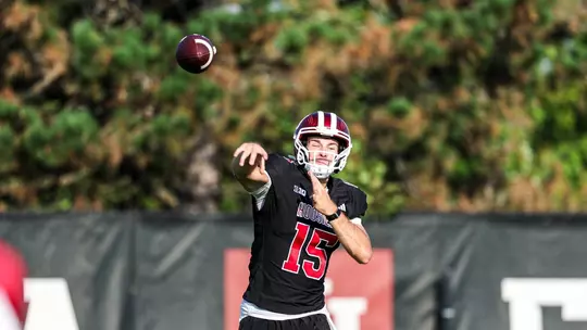 BLOOMINGTON, IN - August 18, 2025 - quarterback Fernando Mendoza #15 of the Indiana Hoosiers during Fall Camp at John Mellencamp Pavillion in Bloomington, IN. Photo By Dani Meersman/Indiana Athletics