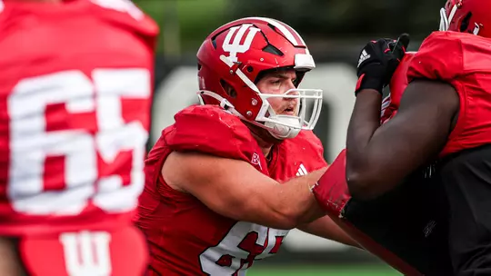 BLOOMINGTON, IN - August 22, 2025 - offensive lineman Carter Smith #65 of the Indiana Hoosiers during Fall Camp at Mellencamp Pavillon in Bloomington, IN. Photo By Dani Meersman/Indiana Athletics