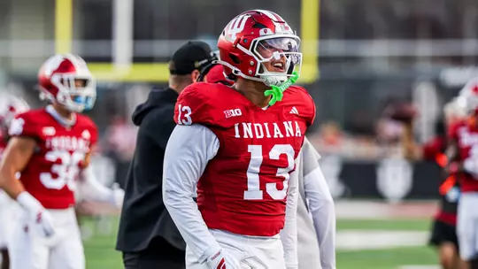 BLOOMINGTON, IN - September 12, 2025 - defensive lineman Kellan Wyatt #13 of the Indiana Hoosiers during the game between the Indiana State Sycamores and the Indiana Hoosiers at Merchants Bank Field at Memorial Stadium in Bloomington, IN. Photo By Dani Meersman/Indiana Athletics