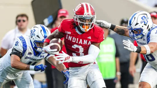 BLOOMINGTON, IN - September 12, 2025 - wide receiver Omar Cooper Jr. #3 of the Indiana Hoosiers during the game between the Indiana State Sycamores and the Indiana Hoosiers at Merchants Bank Field at Memorial Stadium in Bloomington, IN. Photo By Spencer Meyer/Indiana Athletics