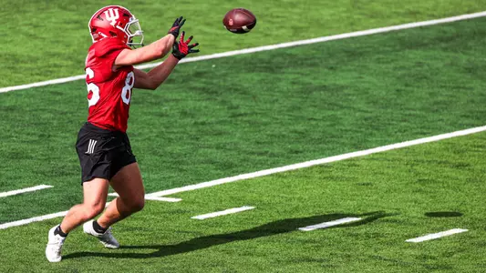 BLOOMINGTON, IN - August 02, 2025 - wide receiver Bruno Massel IV #86 of the Indiana Hoosiers during Fall Camp at Memorial Stadium in Bloomington, IN. Photo By Grace Urbanski/Indiana Athletics