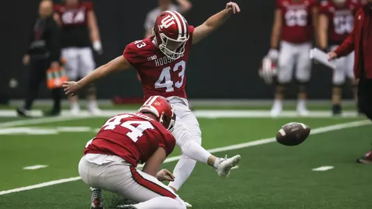 BLOOMINGTON, IN - April 01, 2025 - kicker Bryce Taylor #43 of the Indiana Hoosiers during spring practice #6 for the Indiana Hoosiers at John Mellencamp Pavilion in Bloomington, IN. Photo By Dani Meersman/Indiana Athletics