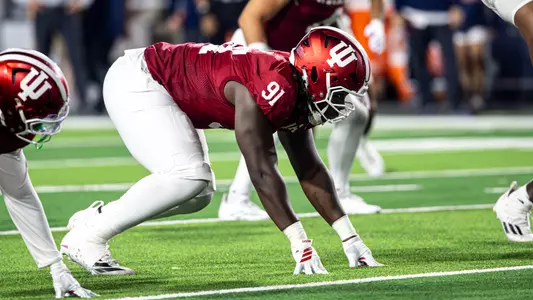 BLOOMINGTON, IN - September 20, 2025 - defensive lineman Dominique Ratcliff #91 of the Indiana Hoosiers during the game between the Illinois Fighting Illini and the Indiana Hoosiers at Merchants Bank Field at Memorial Stadium in Bloomington, IN. Photo By Dani Meersman/Indiana Athletics