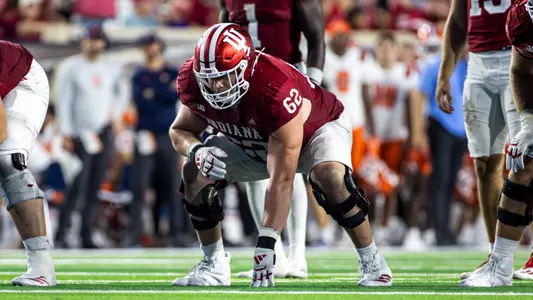 BLOOMINGTON, IN - September 20, 2025 - offensive lineman Drew Evans #62 of the Indiana Hoosiers during the game between the Illinois Fighting Illini and the Indiana Hoosiers at Merchants Bank Field at Memorial Stadium in Bloomington, IN. Photo By Dani Meersman/Indiana Athletics