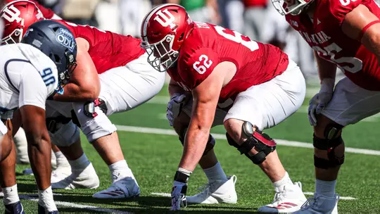 BLOOMINGTON, IN - August 30, 2025 - offensive lineman Drew Evans #62 of the Indiana Hoosiers during the game between the Old Dominion Monarchs and the Indiana Hoosiers at Merchants Bank Field at Memorial Stadium in Bloomington, IN. Photo By Dani Meersman/Indiana Athletics