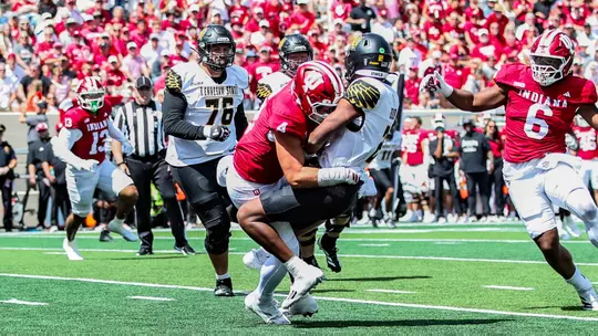 BLOOMINGTON, IN - January 13, 2020 - linebacker Aiden Fisher #4 of the Indiana Hoosiers during game at Merchants Bank Field at Memorial Stadium vs. Kennesaw State in Bloomington, IN. Photo By Easton Zelinsky/Indiana Athletics