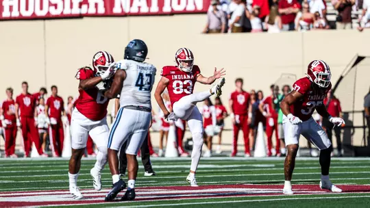 BLOOMINGTON, IN - August 30, 2025 - kicker Quinn Warren #93 of the Indiana Hoosiers during the game between the Old Dominion Monarchs and the Indiana Hoosiers at Merchants Bank Field at Memorial Stadium in Bloomington, IN. Photo By Dani Meersman/Indiana Athletics