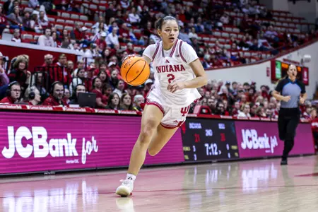 BLOOMINGTON, IN - January 01, 2026 - guard Nevaeh Caffey #2 of the Indiana Hoosiers during the game between the Michigan State Spartans and the Indiana Hoosiers at Simon Skjodt Assembly Hall in Bloomington, IN. Photo By Maddi Sponsel/Indiana Athletics