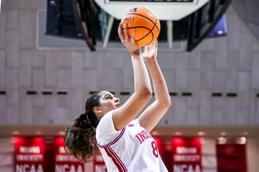 BLOOMINGTON, IN - January 01, 2026 - forward Edessa Noyan #8 of the Indiana Hoosiers Women's Basketball team during the game between the Michigan State Spartans and the Indiana Hoosiers at Simon Skjodt Assembly Hall in Bloomington, IN. Photo By Maddi Sponsel/Indiana Athletics