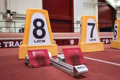 BLOOMINGTON, IN - December 12, 2025 - Blocks during the Early Bird meet at Harry Gladstein Fieldhouse in Bloomington, IN. Photo By Emma Pearce/Indiana Athletics