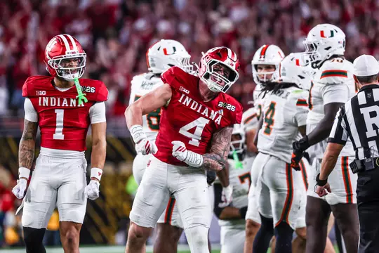MIAMI GARDENS - January 19, 2026 - linebacker Aiden Fisher #4 of the Indiana Hoosiers during the National Championship Game between the Miami Hurricanes and the Indiana Hoosiers at Hard Rock Stadium in Miami Gardens, FL. Photo By Indiana Athletics