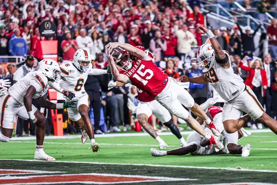 MIAMI GARDENS - January 19, 2026 - quarterback Fernando Mendoza #15 of the Indiana Hoosiers during the National Championship Game between the Miami Hurricanes and the Indiana Hoosiers at Hard Rock Stadium in Miami Gardens, FL. Photo By Indiana Athletics