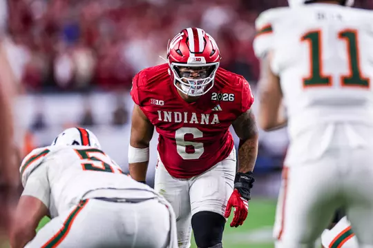 MIAMI GARDENS - January 19, 2026 - defensive lineman Mikail Kamara #6 of the Indiana Hoosiers during the National Championship Game between the Miami Hurricanes and the Indiana Hoosiers at Hard Rock Stadium in Miami Gardens, FL. Photo By Indiana Athletics