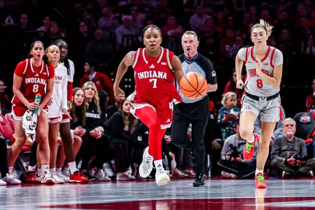 COLUMBUS, OH - January 22, 2026 - guard Jerni Kiaku #7 of the Indiana Hoosiers during the game between the Ohio State Buckeyes and the Indiana Hoosiers at Jerome Schottenstein Center in Columbus, OH. Photo By Maddi Sponsel/Indiana Athletics