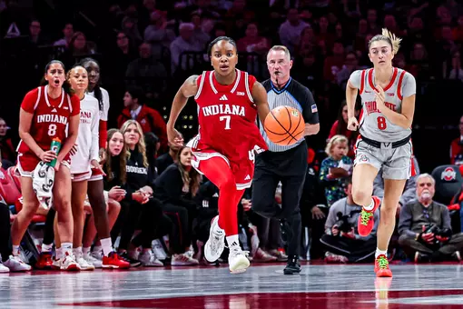 COLUMBUS, OH - January 22, 2026 - guard Jerni Kiaku #7 of the Indiana Hoosiers during the game between the Ohio State Buckeyes and the Indiana Hoosiers at Jerome Schottenstein Center in Columbus, OH. Photo By Maddi Sponsel/Indiana Athletics