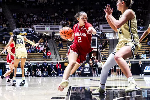 WEST LAFAYETTE, IN - guard Nevaeh Caffey #2 of the Indiana Hoosiers during the game between the Purdue Boilermakers and the Indiana Hoosiers at Makey Arena in West Lafayette, IN. Photo By Maddi Sponsel/Indiana Athletics