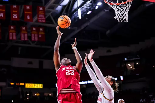 COLLEGE PARK, MD - January 4, 2026 - forward Zania Socka-Nguemen #23 of the Indiana Hoosiers during the game between the Maryland Terrapins and the Indiana Hoosiers at the Xfinity Center in College Park, MD Photo By Maddi Sponsel/Indiana Athletics