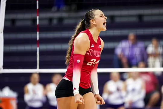 BLOOMINGTON, IN - September 24, 2025 - outside hitter Jaidyn Jager #24 of the Indiana Hoosiers during the match between the Indiana Hoosiers and the Northwestern Wildcats at Northwestern University in Evanston, Illinois. Photo By Grace Urbanski/Indiana Athletics