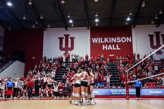 BLOOMINGTON, IN - December 05, 2025 - the Indiana Hoosiers Volleyball Team during the game between the Colorado Buffaloes and the Indiana Hoosiers at Wilkinson Hall in Bloomington, IN. Photo By Peter Davis/Indiana Athletics