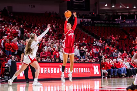 LINCOLN, NE - January 8, 2026 - forward Maya Makalusky #3 of the Indiana Hoosiers during the game between the Nebraska Cornhuskers and the Indiana Hoosiers at the Pinnacle Bank Arena in Lincoln, NE Photo By Maddi Sponsel/Indiana Athletics