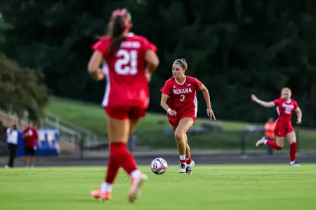 BLOOMINGTON, IN - August 12, 2026 - defender Annabelle "Bella" Haggerty #3 of the Indiana Hoosiers during the game between the Hampton Pirates and the Indiana Hoosiers at Bill Armstrong Stadium in Bloomington, IN. Photo By Mason Munn/Indiana Athletics