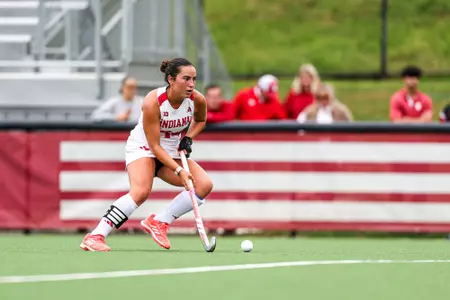 BLOOMINGTON, IN - October 11, 2026- midfielder Inés Garcia Prado #34 of the Indiana Hoosiers during the game between the Ohio University Bobcats and the Indiana Hoosiers at Deborah Tobias Field in Bloomington, IN. Photo By Sophia Kaplan/ Indiana Athletics