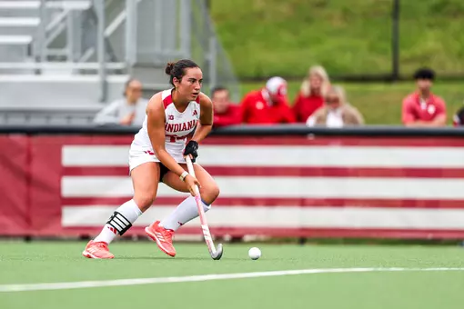 BLOOMINGTON, IN - October 11, 2026- midfielder Inés Garcia Prado #34 of the Indiana Hoosiers during the game between the Ohio University Bobcats and the Indiana Hoosiers at Deborah Tobias Field in Bloomington, IN. Photo By Sophia Kaplan/ Indiana Athletics