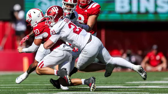 BLOOMINGTON, IN - October 10, 2026 - linebacker Jacob Savage #21 of the Indiana Hoosiers during the game between the Nebraska Cornhuskers and the Indiana Hoosiers at Memorial Stadium in Lincoln, NE. Photo By Peter Davis/Indiana Athletics