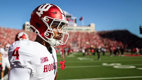 BLOOMINGTON, IN - October 10, 2026 - defensive back Aj Harris #4 of the Indiana Hoosiers before the game between the Nebraska Cornhuskers and the Indiana Hoosiers at Memorial Stadium in Lincoln, NE. Photo By Peter Davis/Indiana Athletics