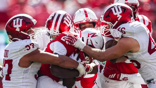 LINCOLN, NE - October 10, 2026 - linebacker Isaiah Jones #46 of the Indiana Hoosiers and defensive lineman Mario Landino #97 of the Indiana Hoosiers during the game between the Nebraska Cornhuskers and the Indiana Hoosiers at Memorial Stadium in Lincoln, NE. Photo By Peter Davis/Indiana Athletics