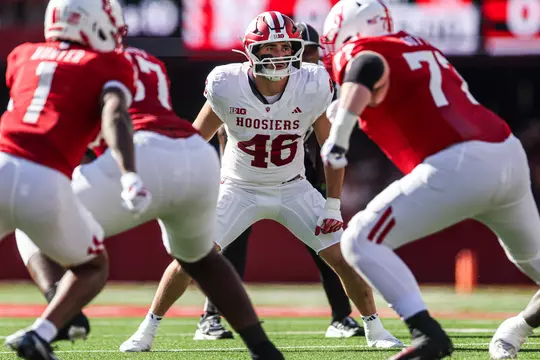 LINCOLN, NE - October 10, 2026 - linebacker Isaiah Jones #46 of the Indiana Hoosiers during the game between the Nebraska Cornhuskers and the Indiana Hoosiers at Memorial Stadium in Lincoln, NE. Photo By Peter Davis/Indiana Athletics